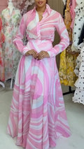 Pink Swirl Print Shirt Maxi Skirt Two‑Piece Set