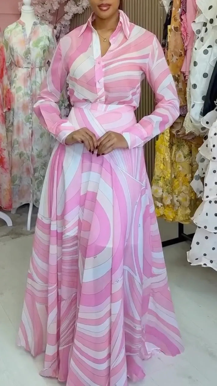 Pink Swirl Print Shirt Maxi Skirt Two‑Piece Set