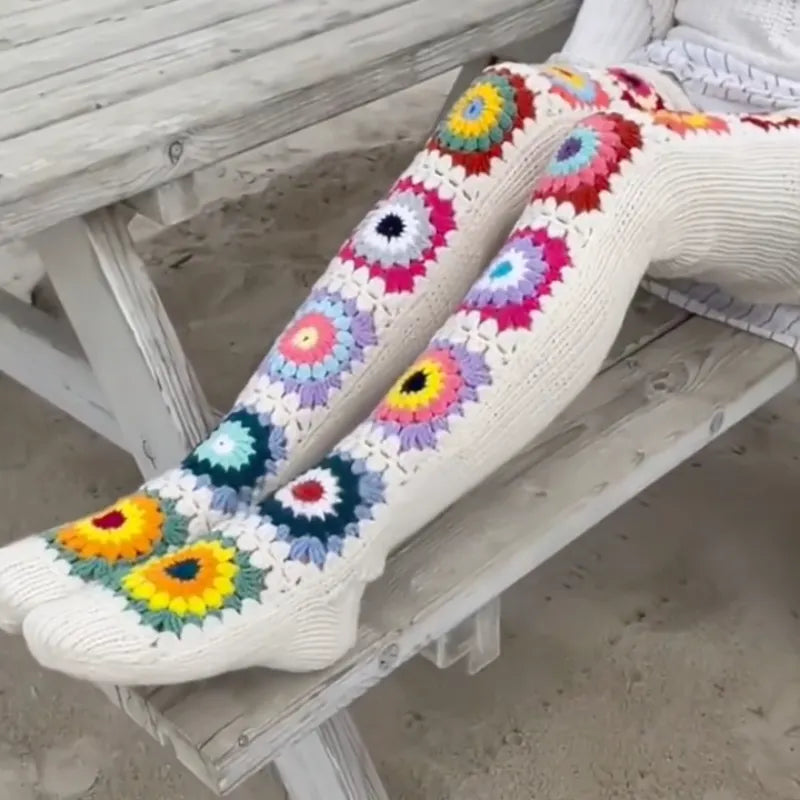 Hand Crochet Colorful Floral Knee High Socks