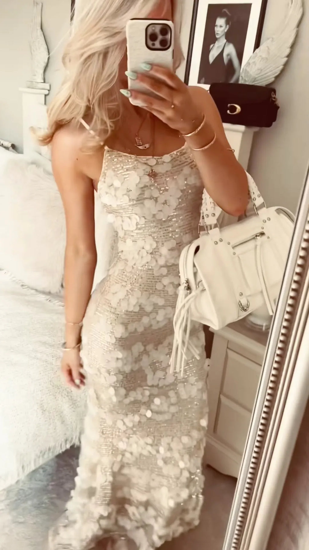 White 3D Petal Sequin Mermaid Gown