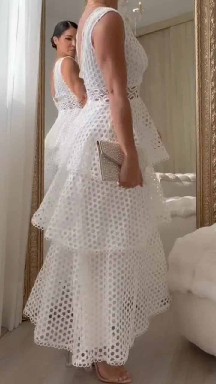 Eyelet Lace Tiered Midi Dress