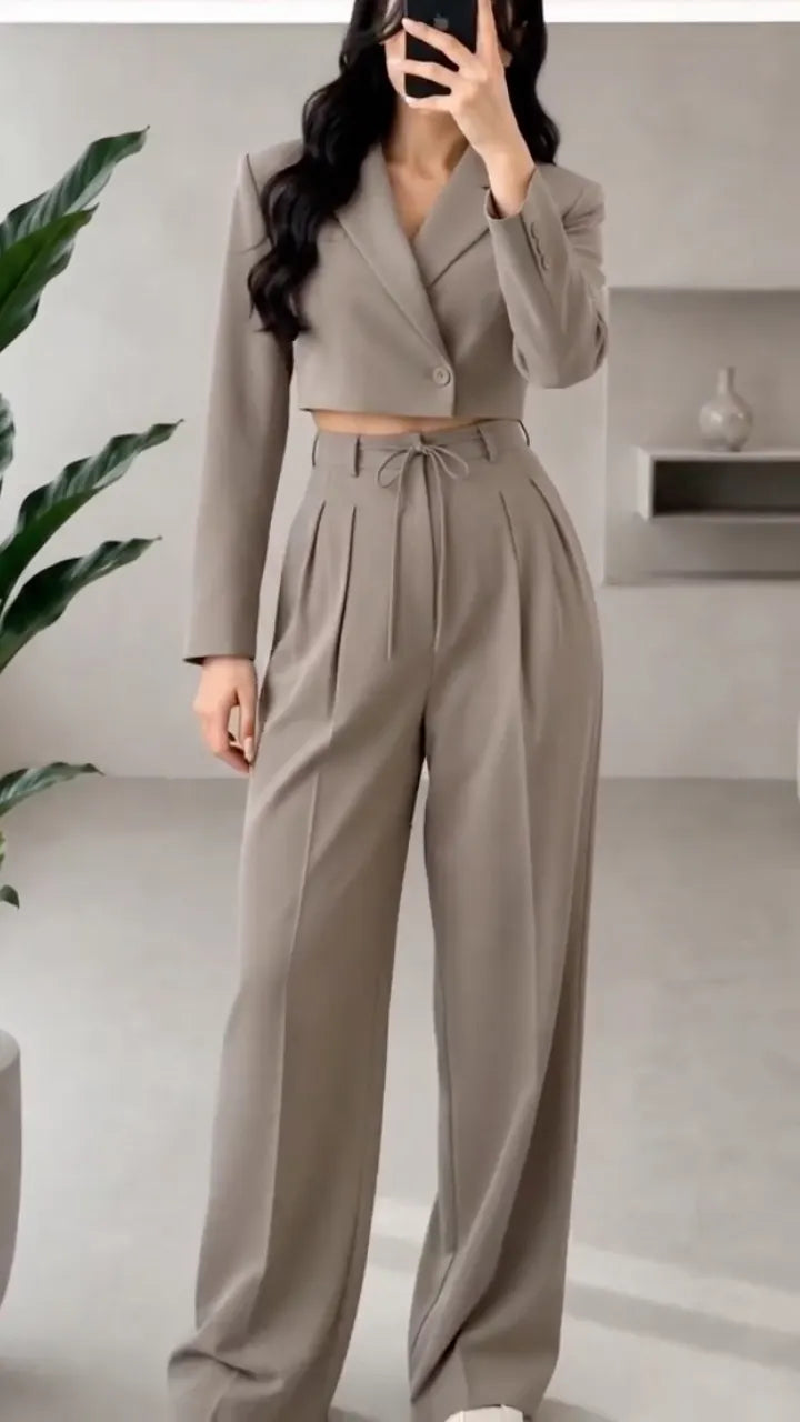 Khaki Cropped Blazer & High Waist Wide Leg Pant 2 Piece Set