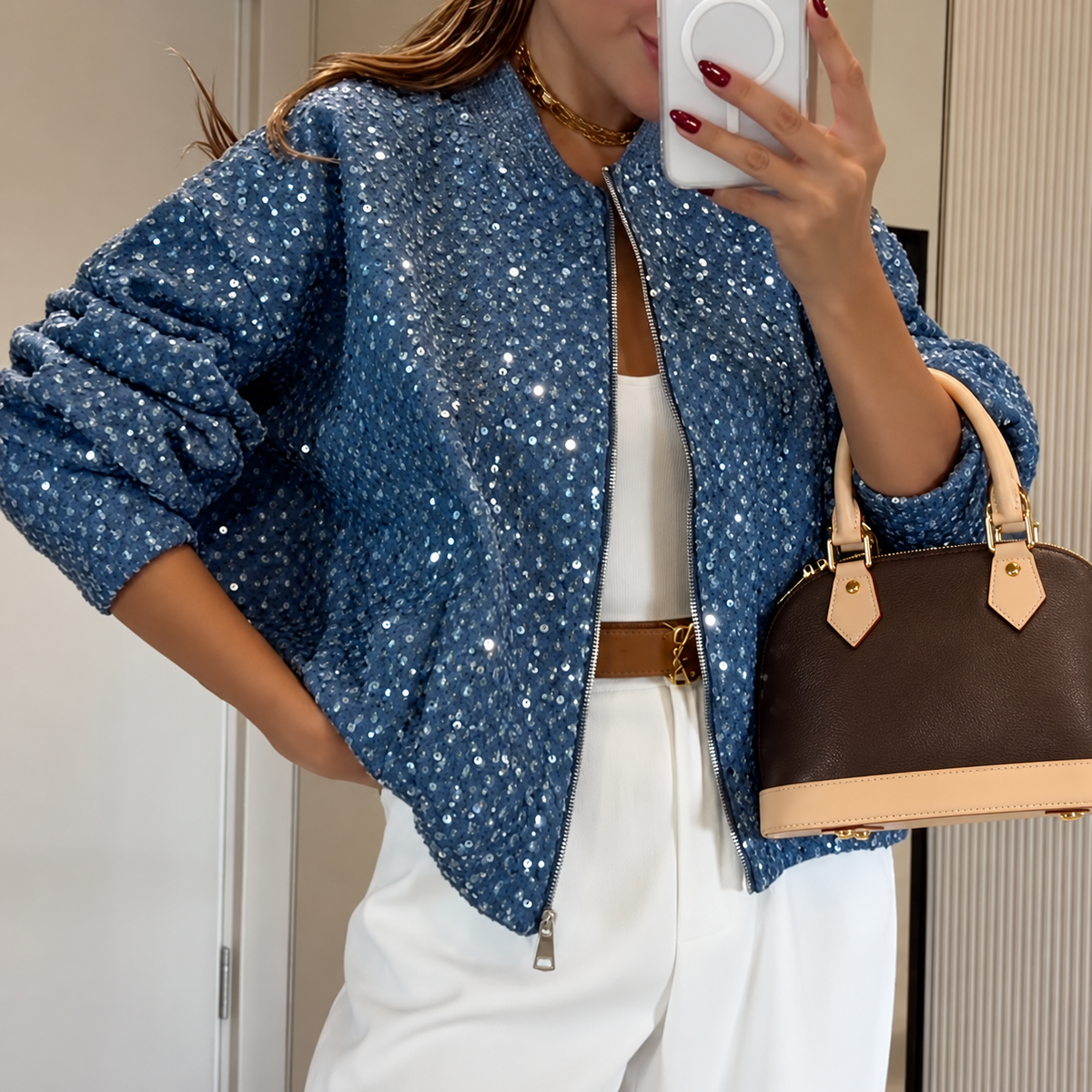 Sequin Denim Zip-Up Jacket