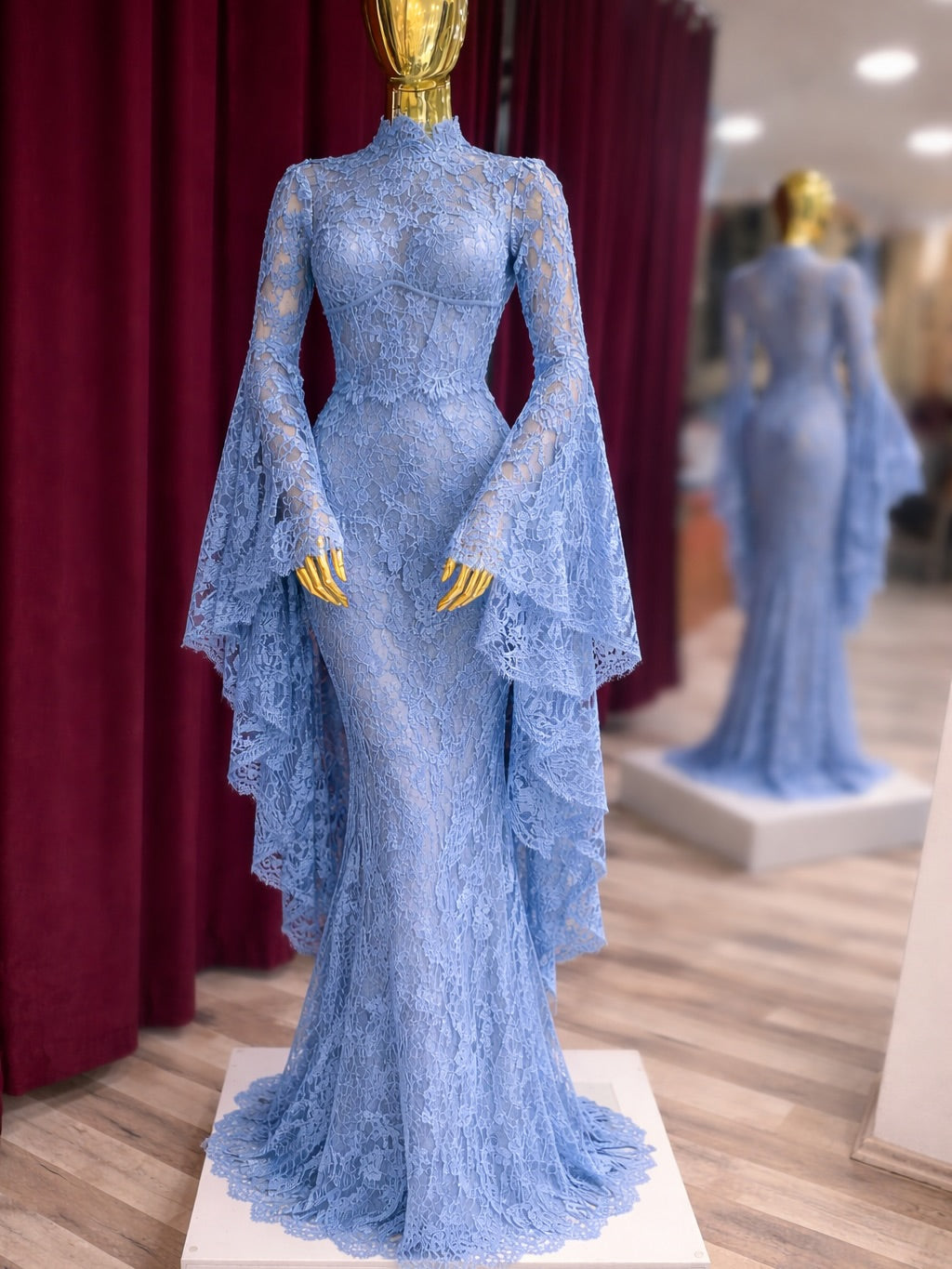 Elegant Blue High Neck Long Sleeves Mermaid Lace Prom Dress YK1252