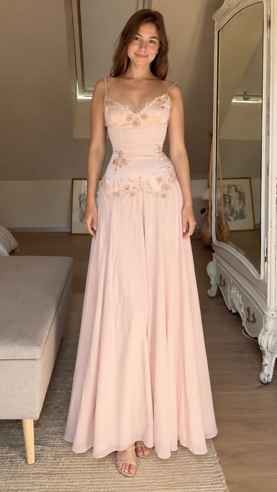 Spaghetti Strap Beaded Chiffon Evening Gown