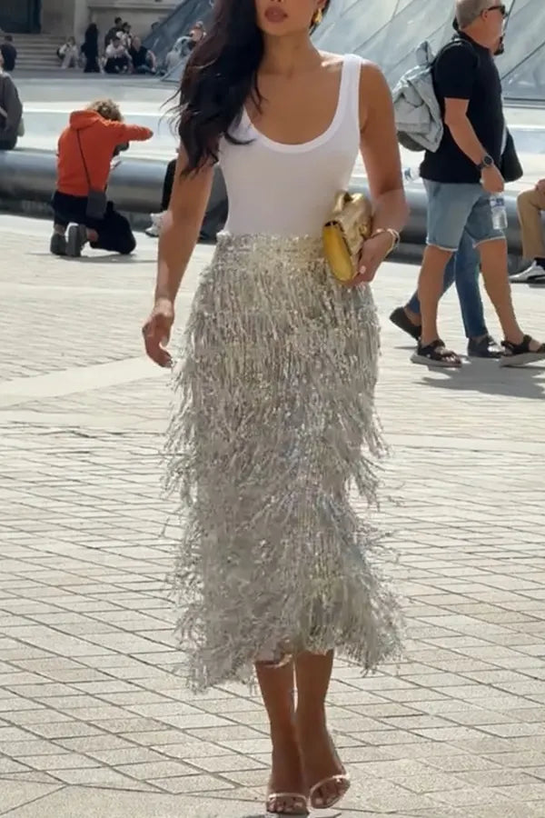 Evening Charm Layered Sequined Tassels High Rise Back Zipper Slit Midi Skirt