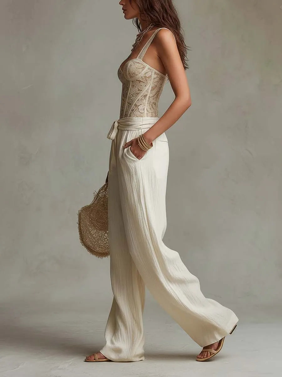 Bohemian Lace Bodycon Vest And Cotton Wide-Leg Pants Two-Piece Set
