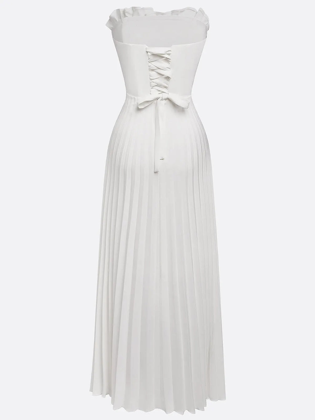 White Pleated Satin Strapless Sleeveless A-Line Maxi Dress