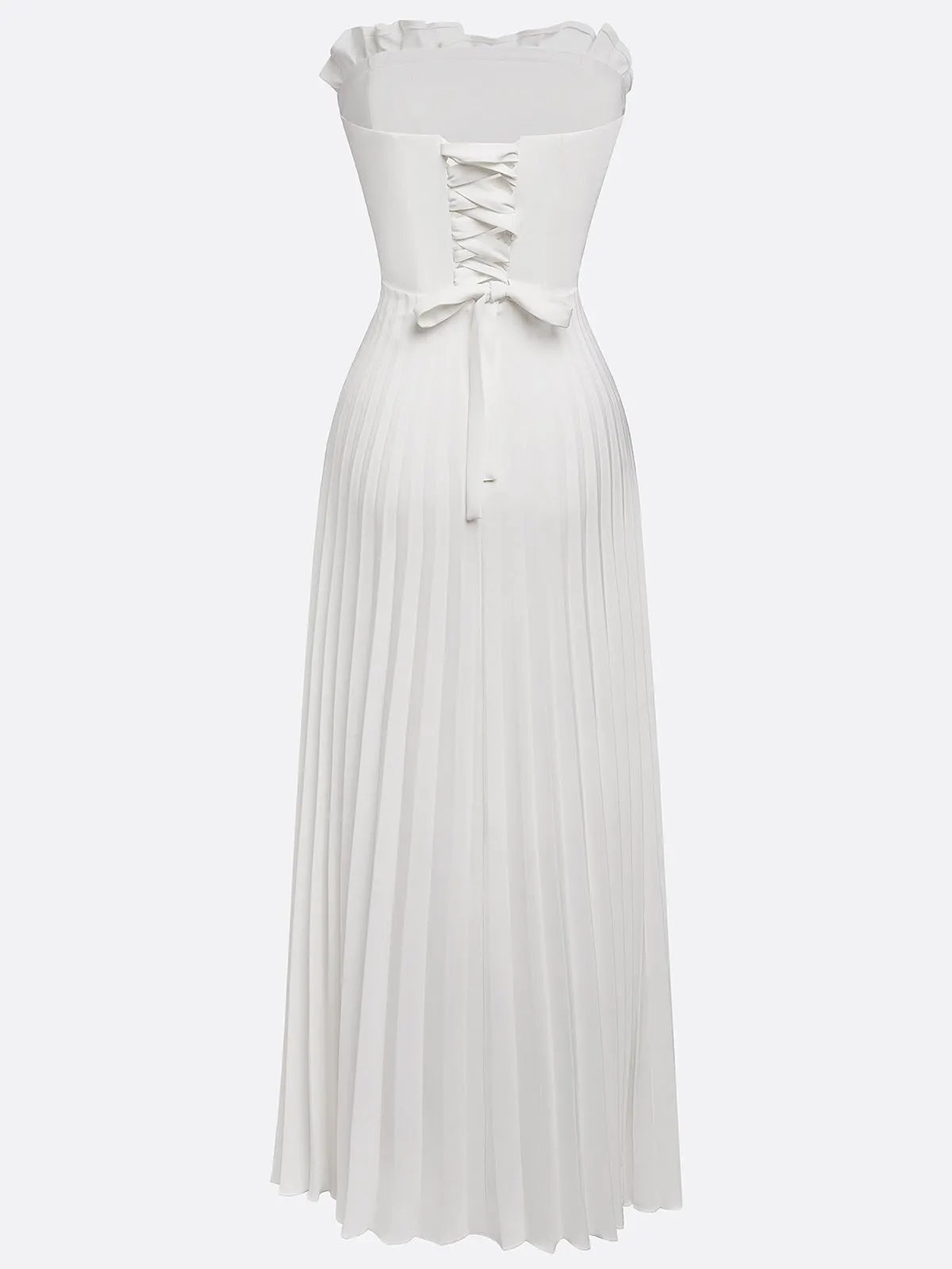 White Pleated Satin Strapless Sleeveless A-Line Maxi Dress