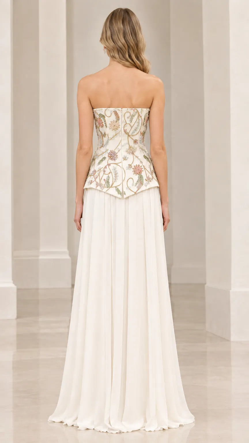 Strapless Floral Embroidered Basque Corset Maxi Evening Gown