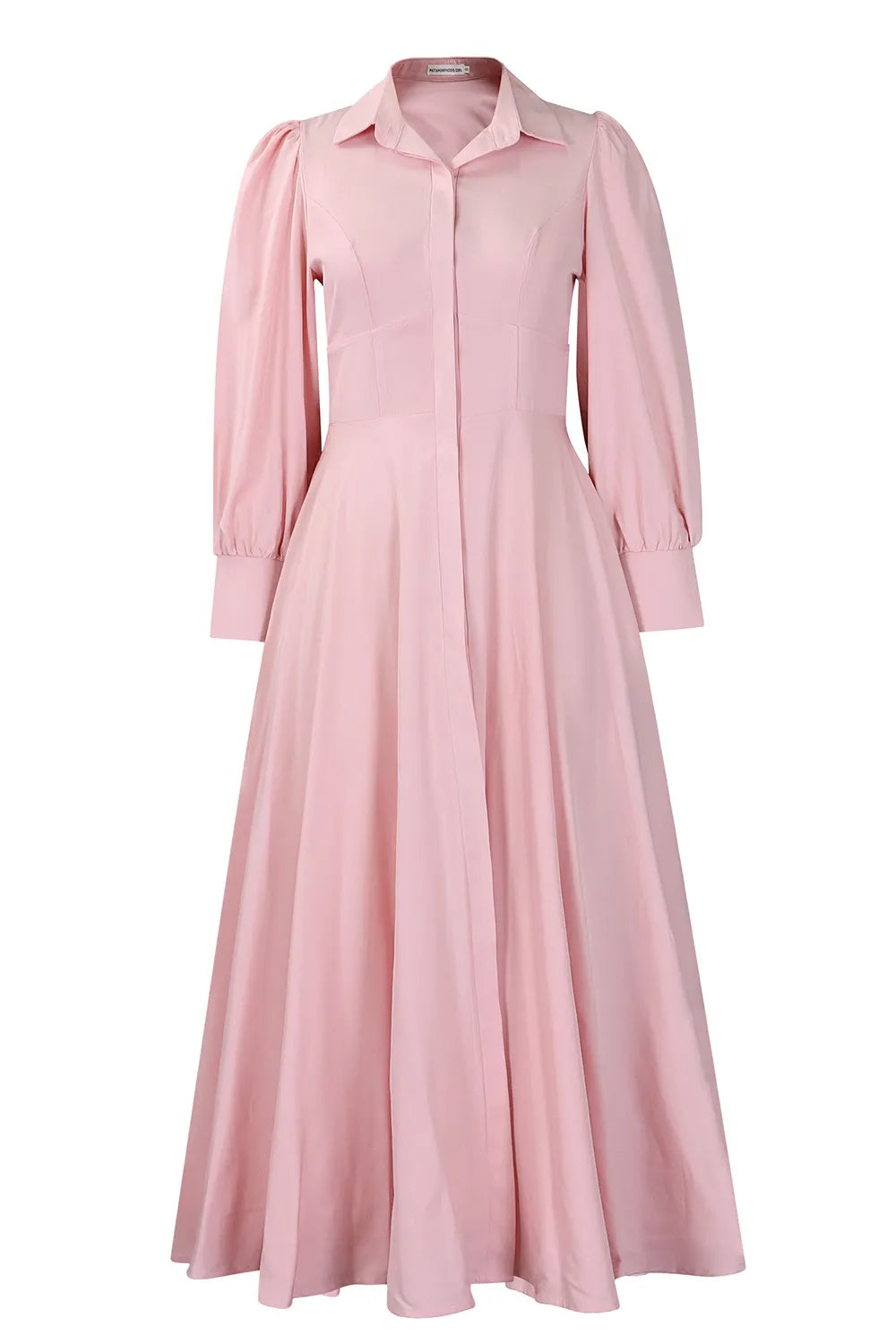 Turndown Collar Long Sleeve Cinch Waist Solid Color Maxi Shirt Dresses-Pink