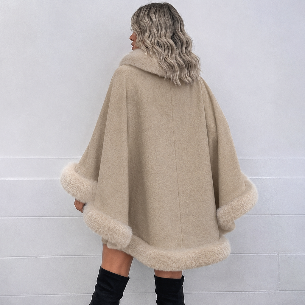 Faux Fur Collar Cape Coat With Belt