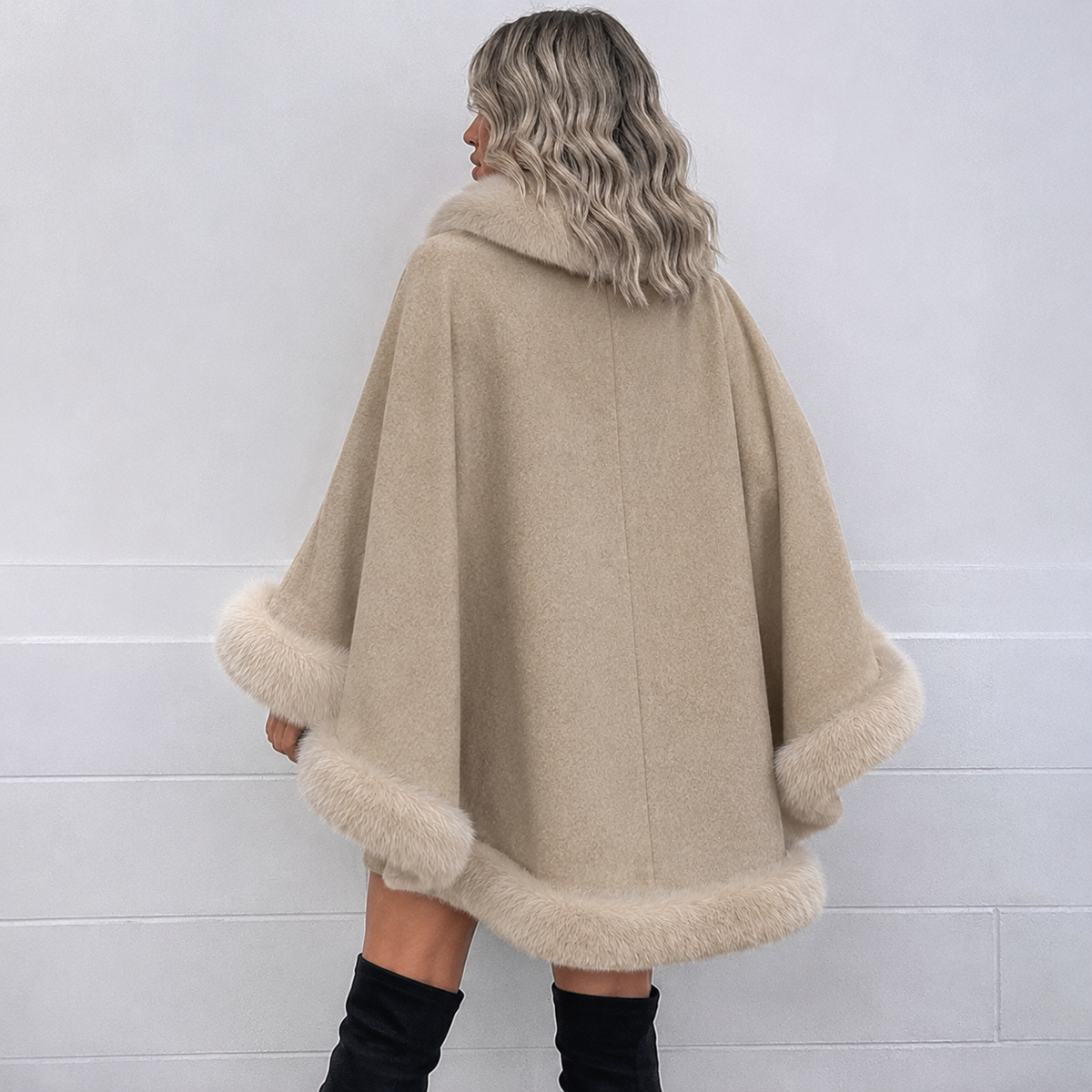 Faux Fur Collar Cape Coat With Belt