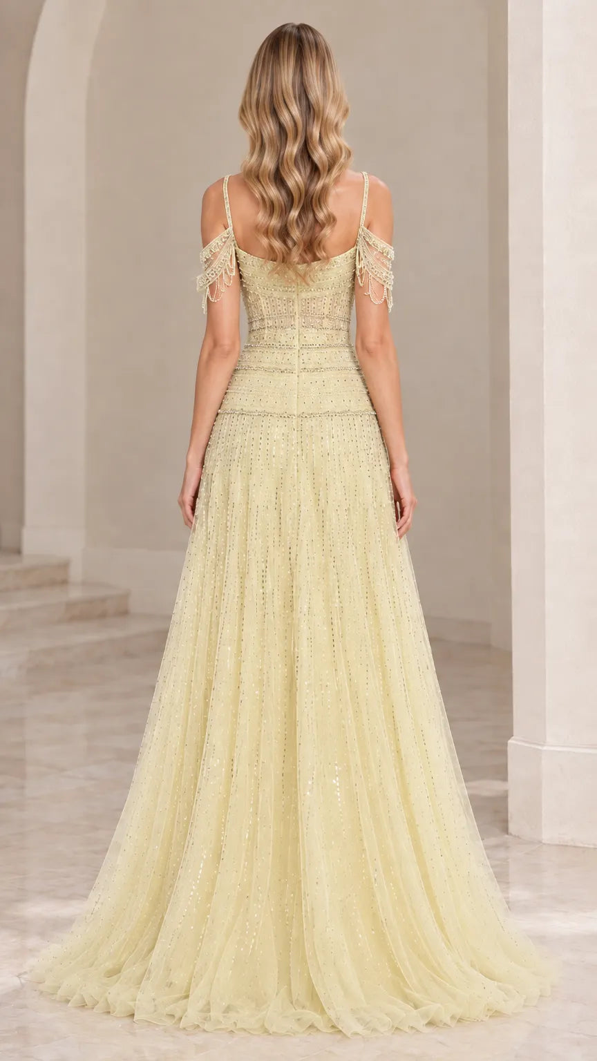 Cold-Shoulder Beaded Sequin A-Line Tulle Evening Gown