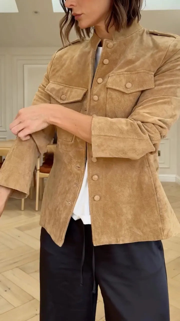 Camel Suede Fitted Military Jacket
