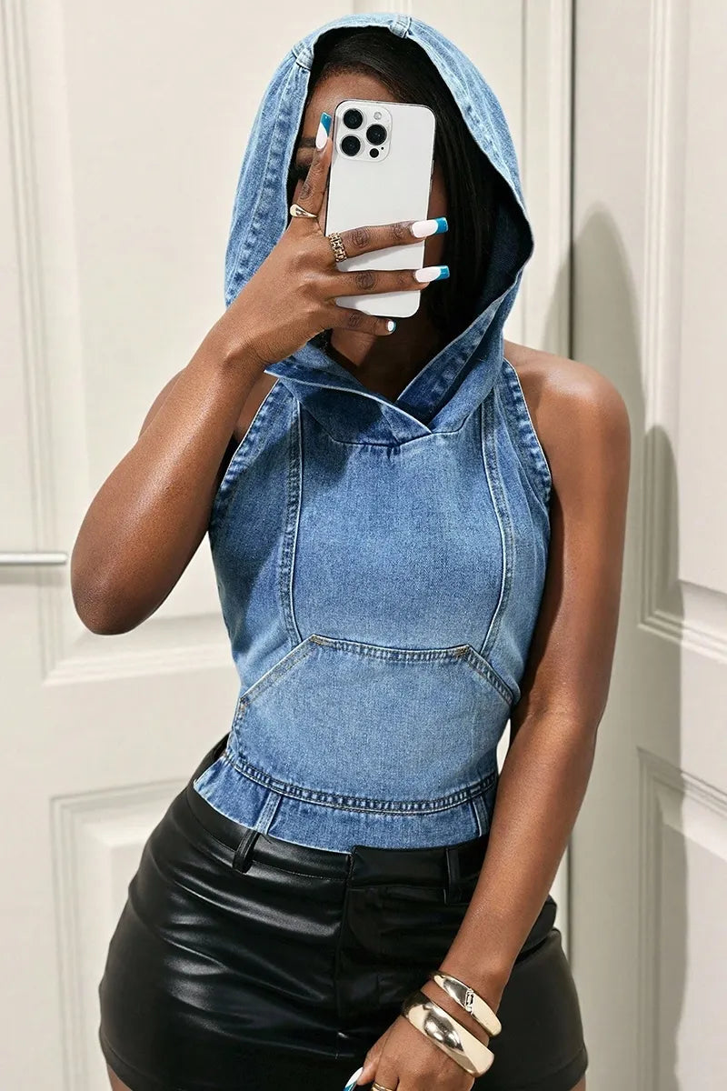 Women's Casual Backless Lace Up Denim Hoodie