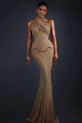 Cocoslly Halter Sleeveless High Waist Long Mermaid Prom Dress | Glod Champage Beading Pearls LR0565
