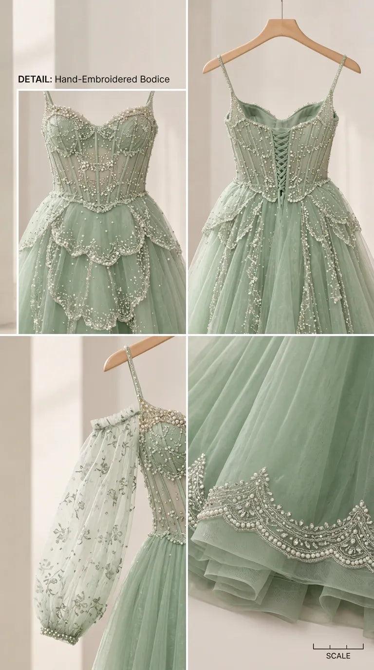 Embroidered Corset Tulle Evening Gown with Cold-Shoulder Flutter Sleeves