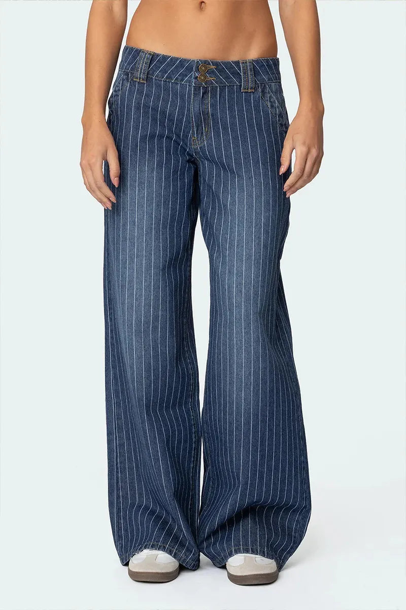 Women's Blue Washed Straight Jeans With Vertical Stripes