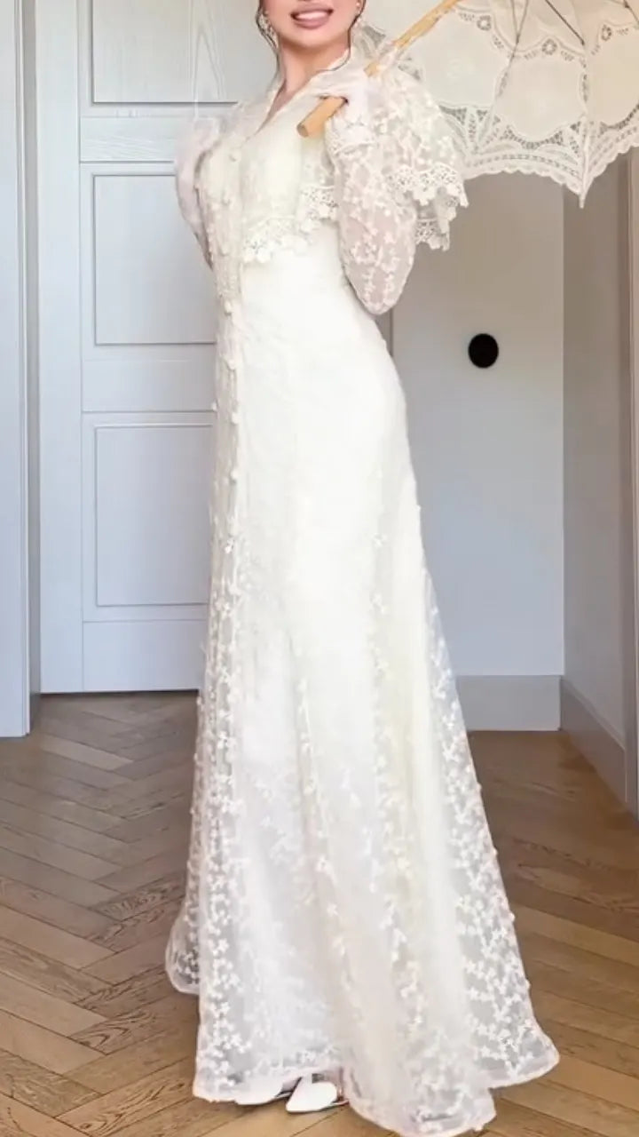 Vintage White Lace Victorian Wedding Gown