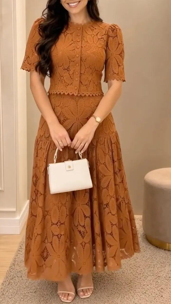 Lace Button Front Two Piece Maxi Dress Set