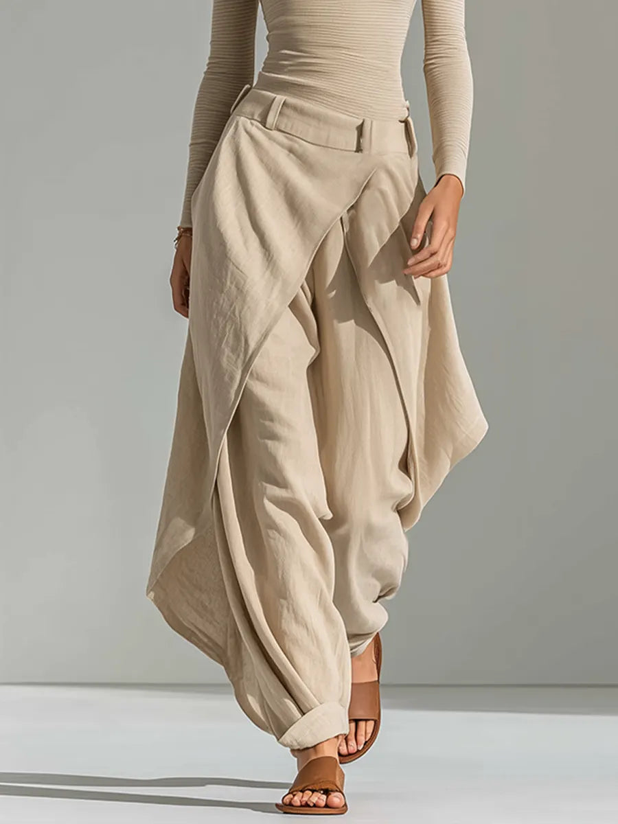 Women's Beige Ribbed Knit & Linen Two-Piece Set WithBoat Neck Top & Wrap Overlay Wide Leg Pants, Minimalist Neutral Resort Outfit MDZ2322F9LYL
