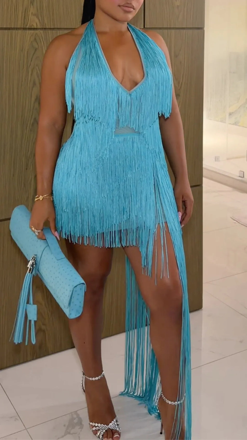 Turquoise Layered Fringe Mini Dress