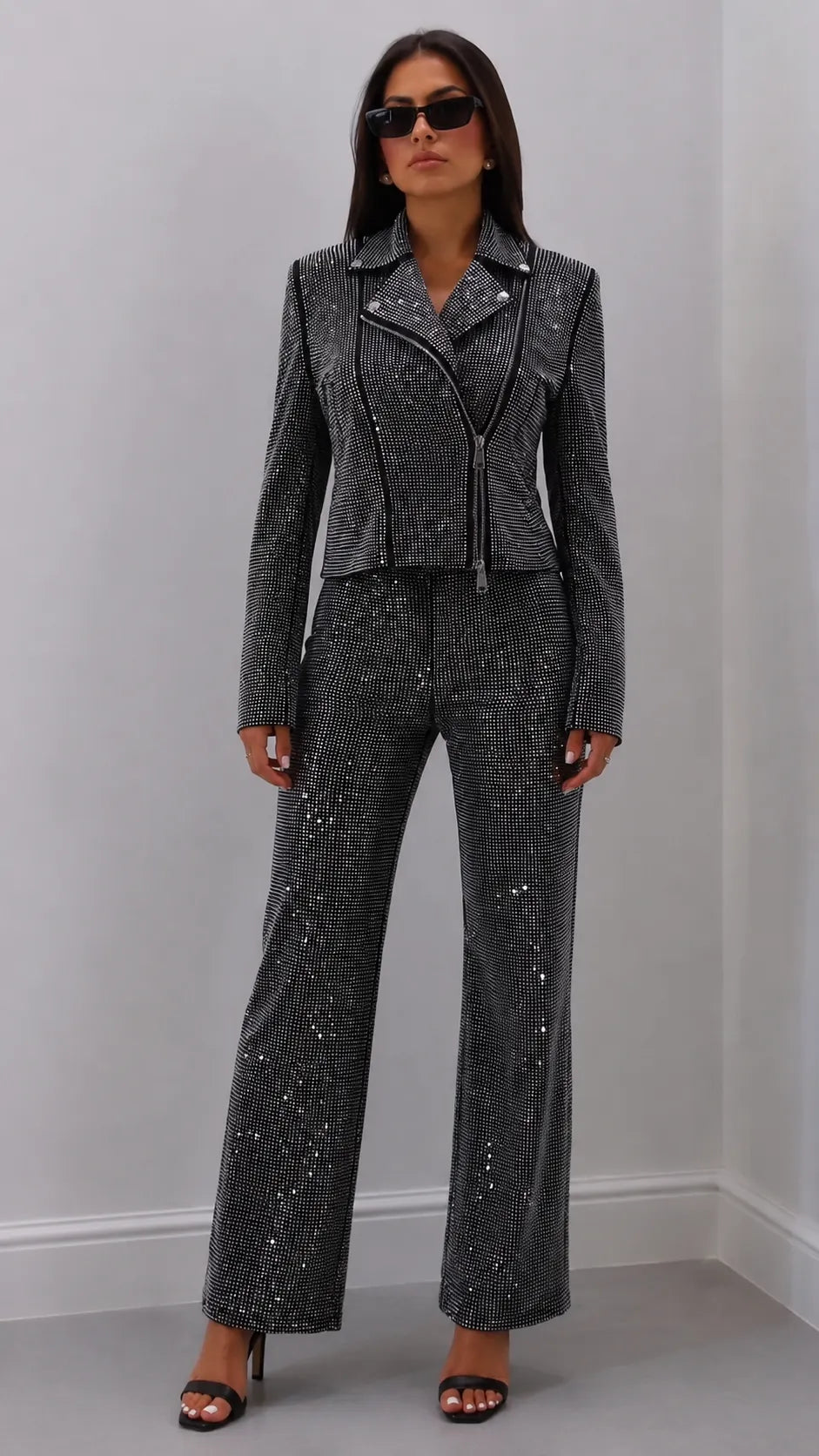 Rhinestone Biker Jacket & Wide Leg Pants Two‑Piece Suit
