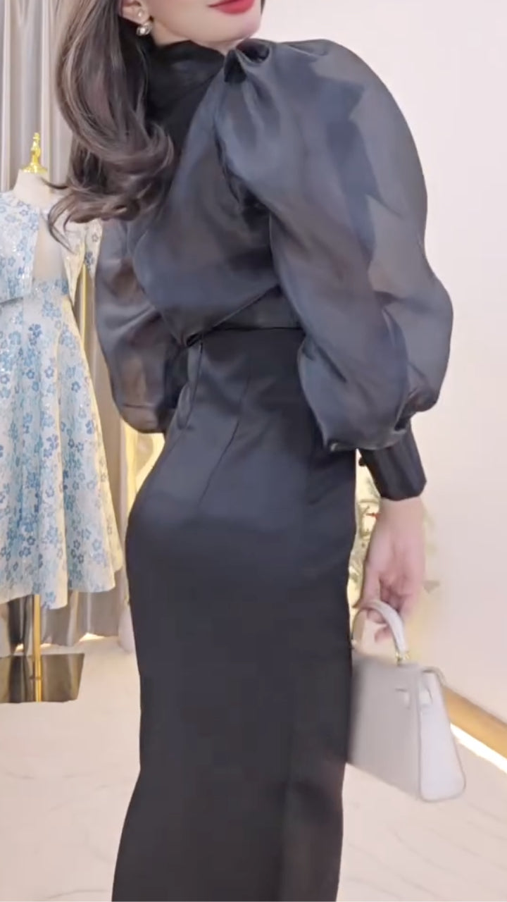 Organza Puff-Sleeve Top & Pencil Skirt Set