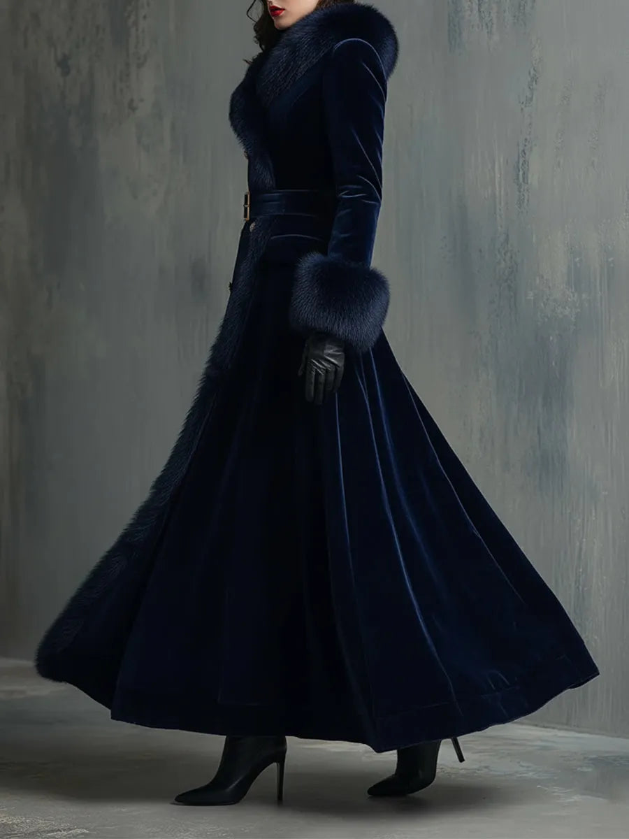Elegant Mid-length Velvet Coat With Faux Fur Collar