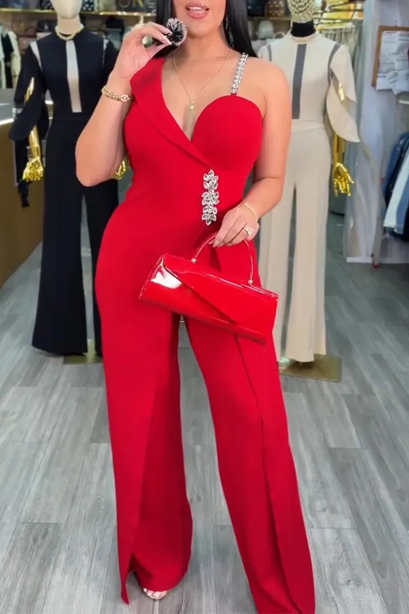 Red Asymmetric Embellished Wide-Leg Jumpsuit