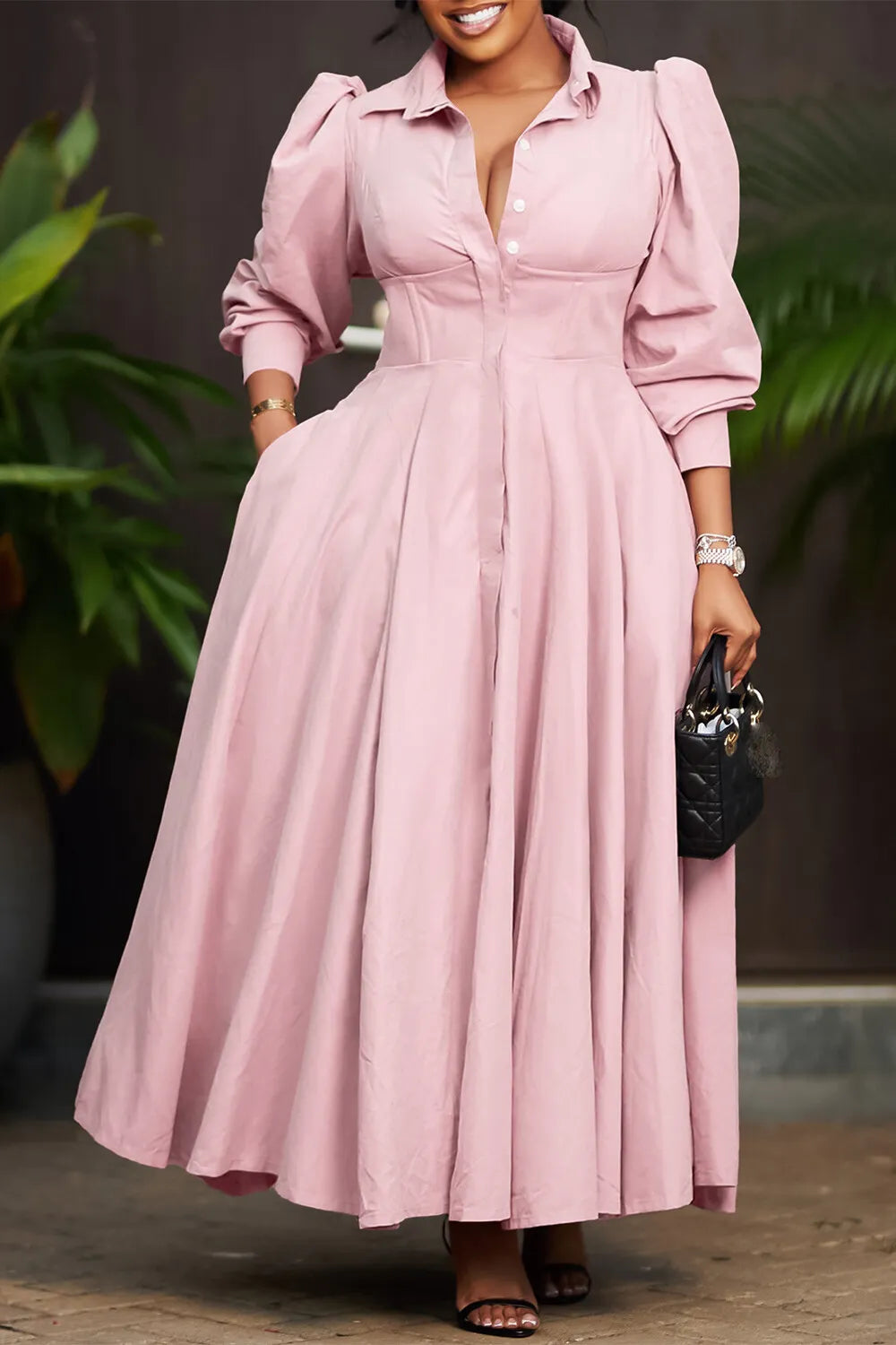 Turndown Collar Long Sleeve Cinch Waist Solid Color Maxi Shirt Dresses-Pink