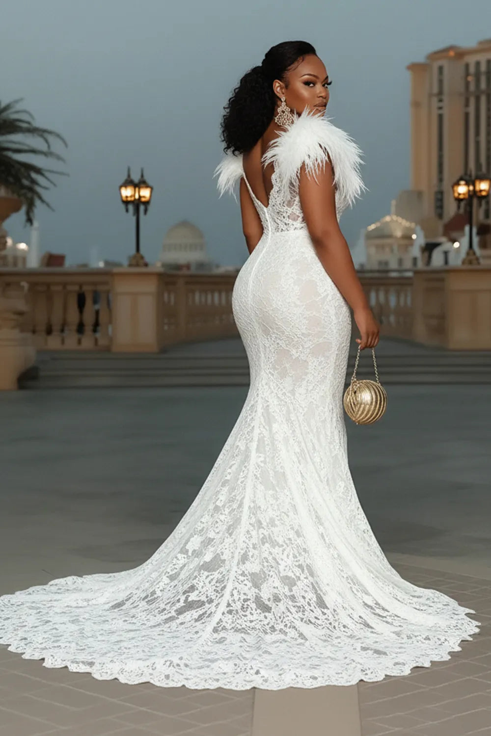 Fluffy Patchwork Fitted Mermaid Gowns Lace Maxi Dresses-White