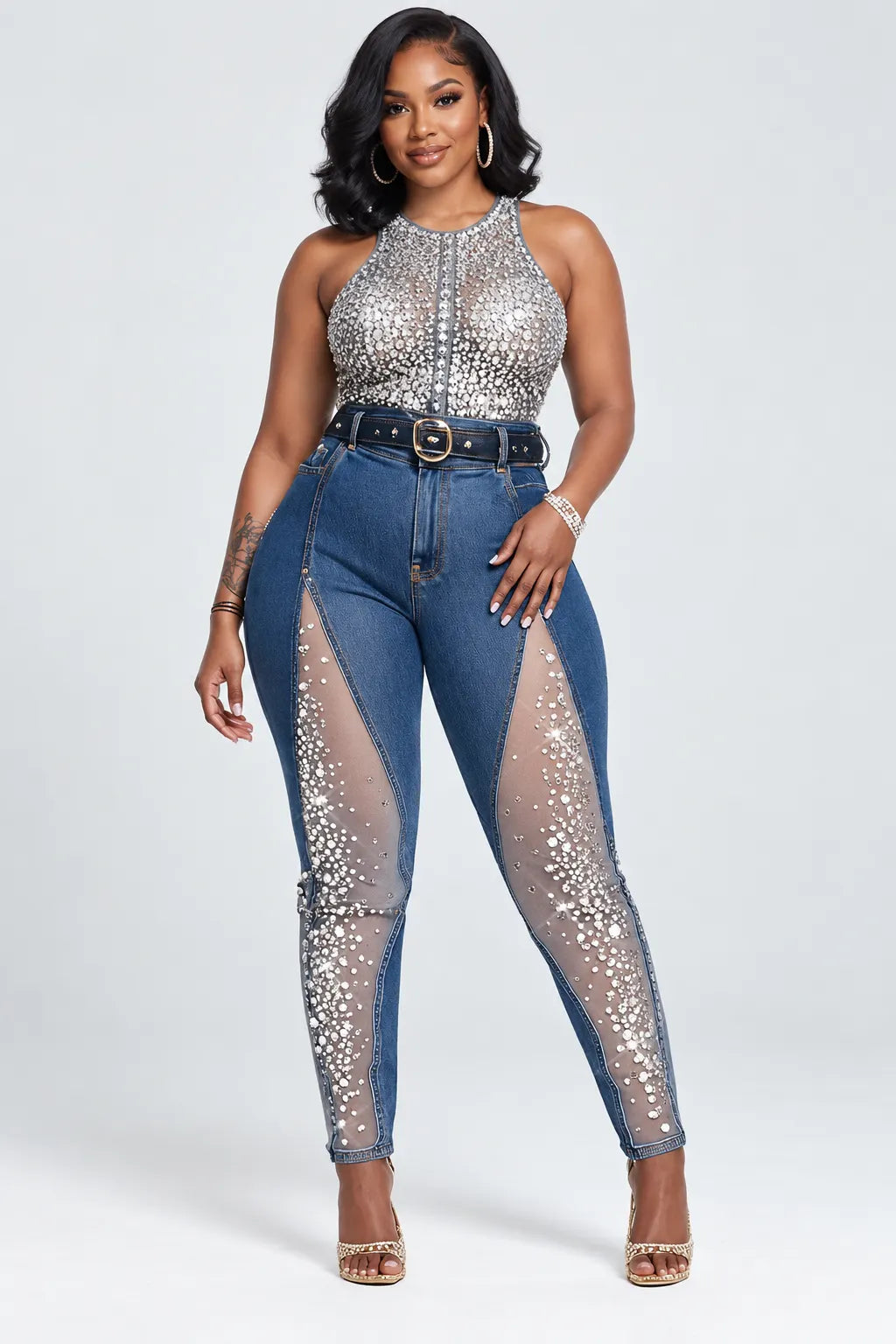 Rhinestone Mesh-Panel High-Waisted Skinny Jeans