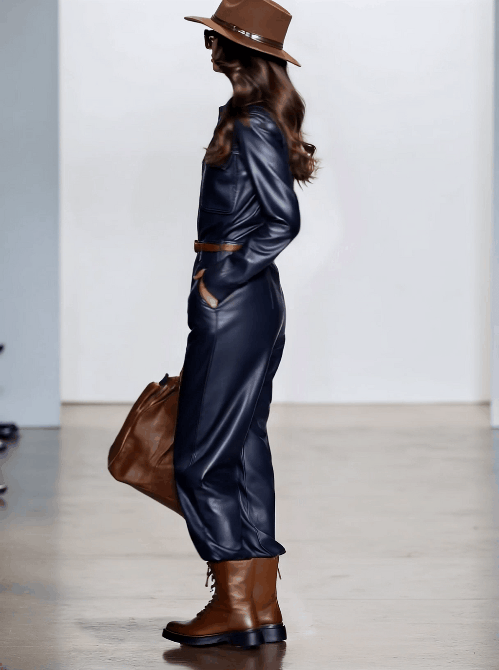 Casual Retro Dark Blue Faux Leather Long-Sleeved Lace-Up Wide-Leg Jumpsuit