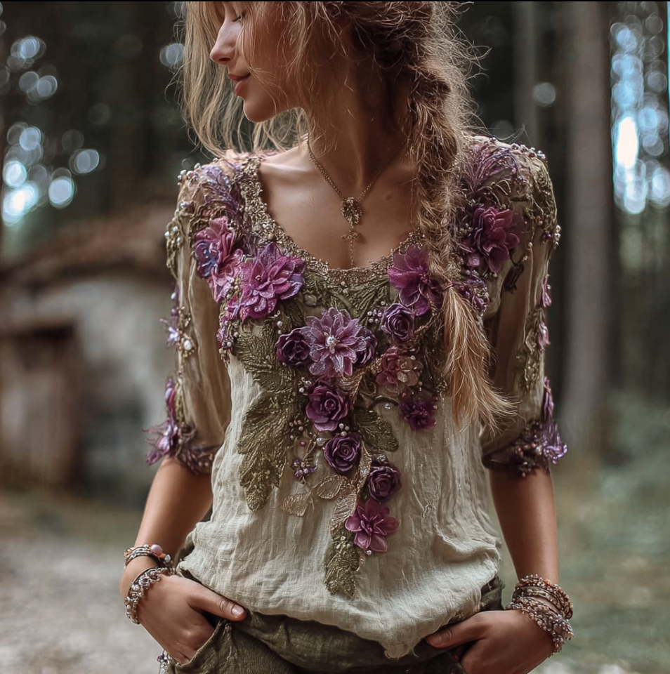 Bohemian Style Round Neck Long Sleeve 3d Purple Flower Design Cotton And Linen Top For Women