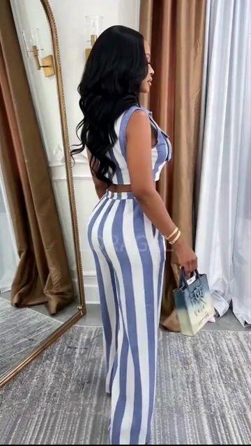 Striped Turndown Collar Sleeveless Top Pants Casual 2pcs Set-Blue