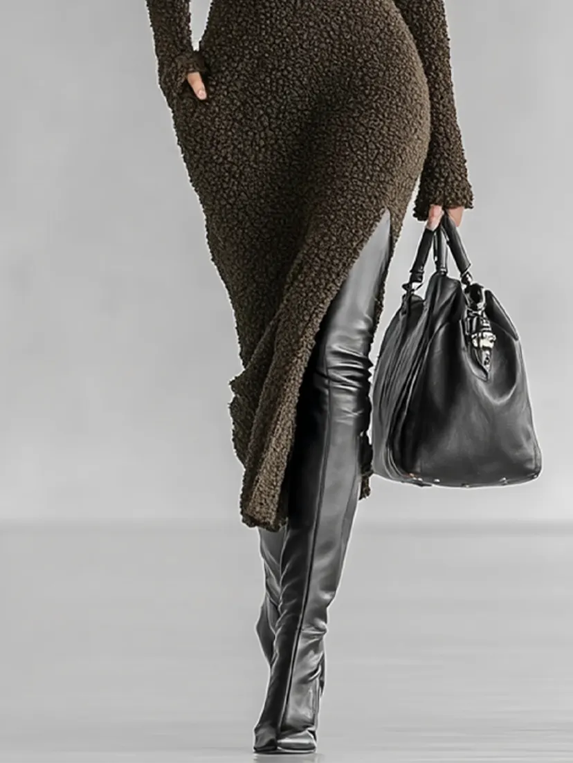 Women's Slim Fit Plush Knitted High Neck Side Slit Midi Dress MDA1401J4Y