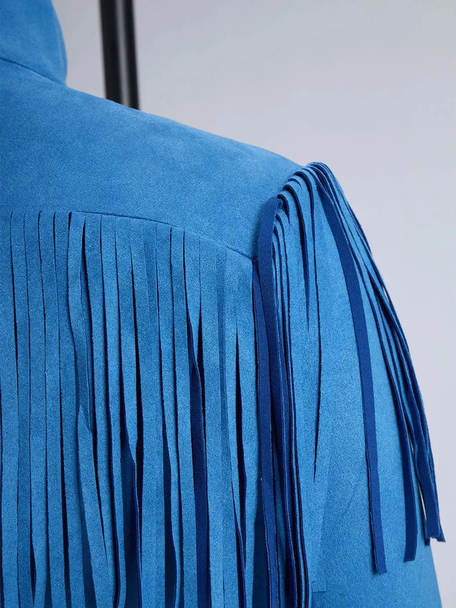 Retro Western Style Zippered Collar Blue Fringed Faux Suede Mini Dress