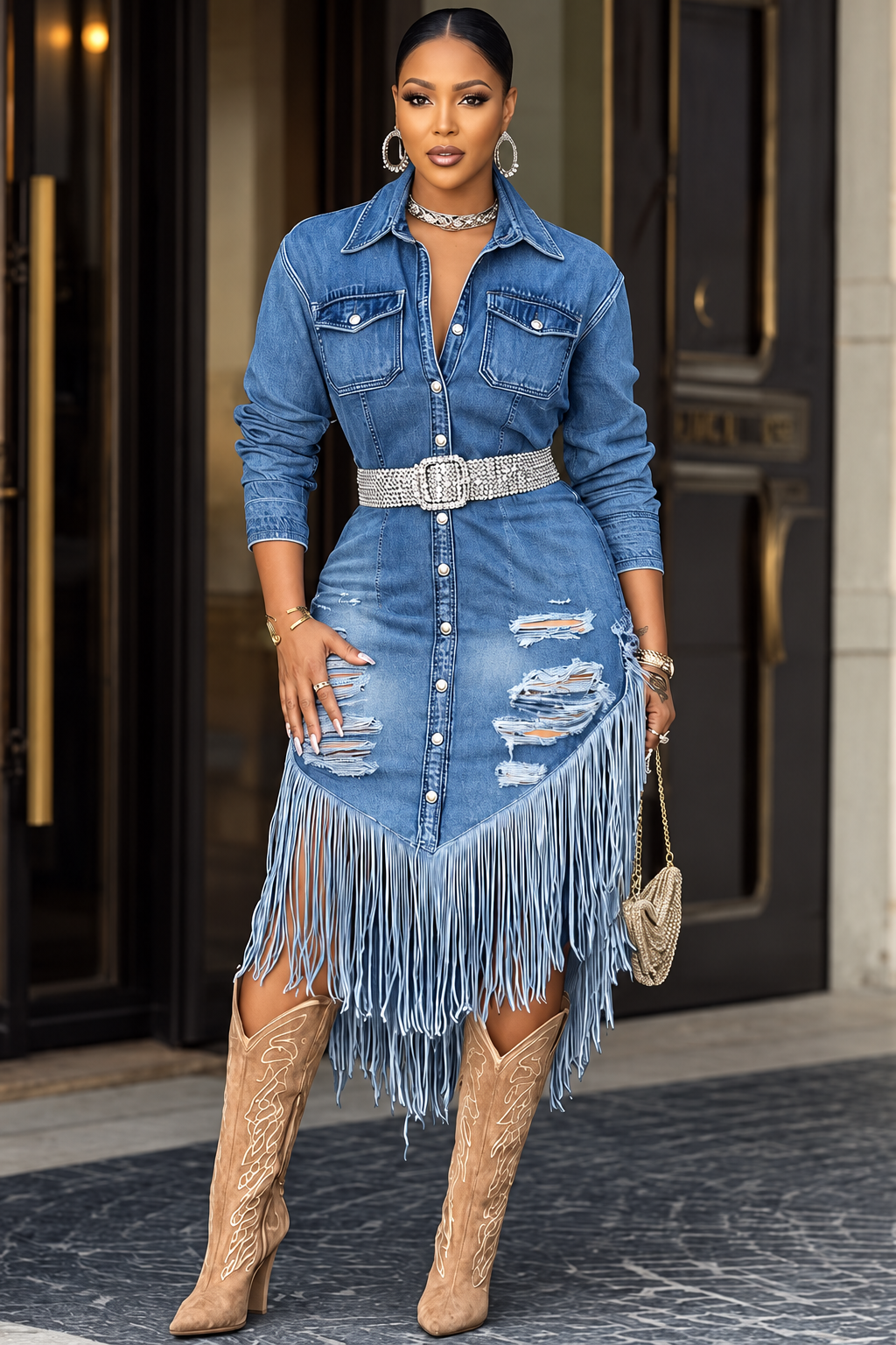 Distressed Fringe-Hem Long-Sleeve Denim Shirt Dress