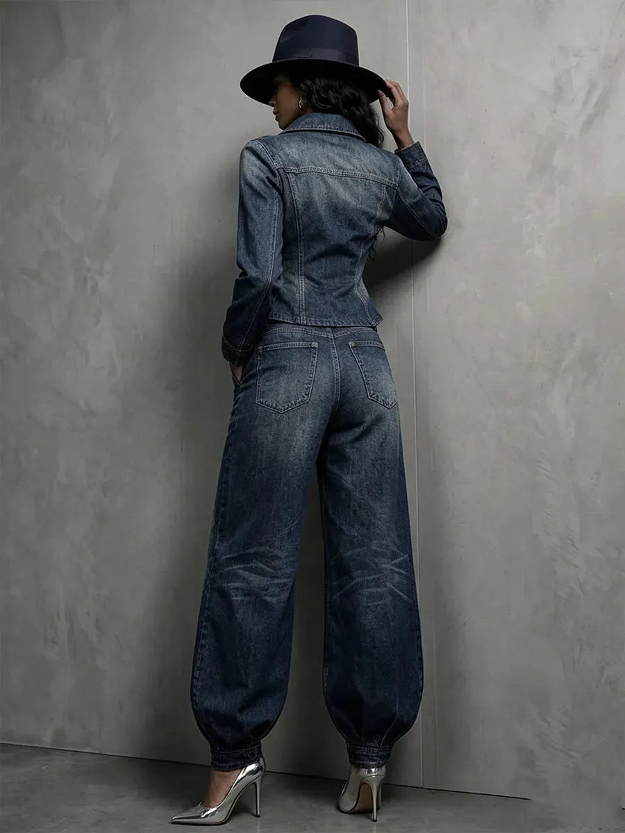 Chic Washed Denim Double-Breasted Peplum Blazer
