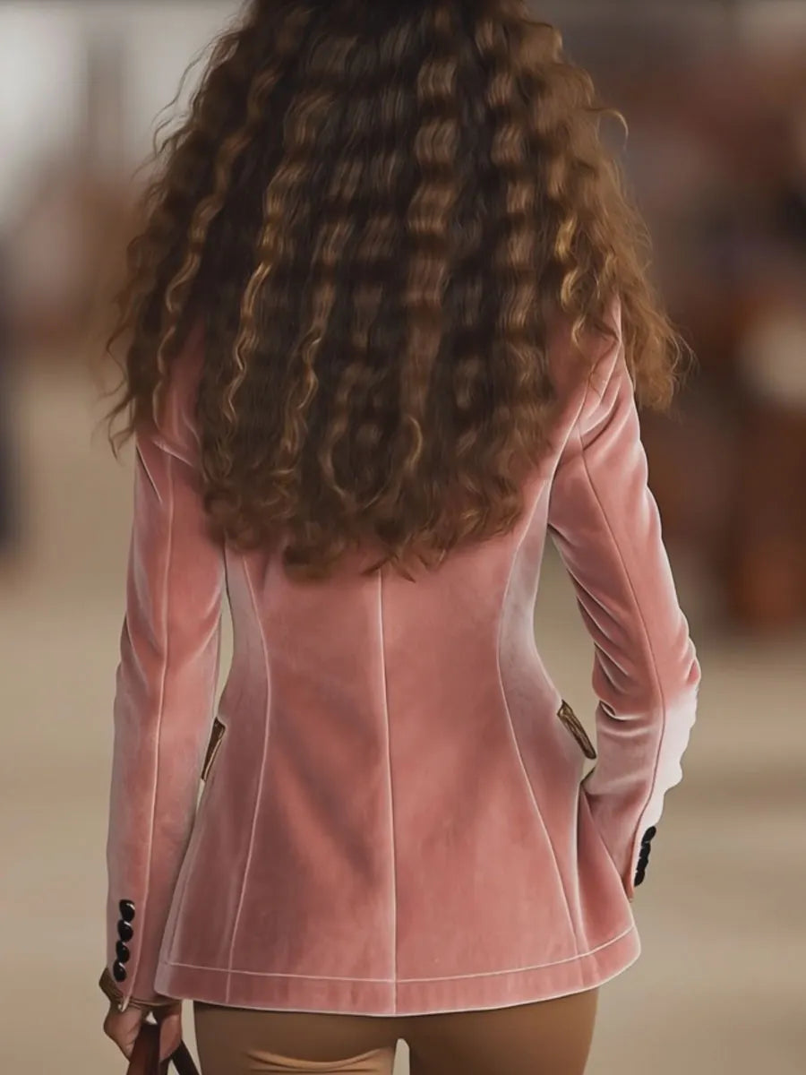 Pink Velvet Stitching Leopard Print One Button Blazer
