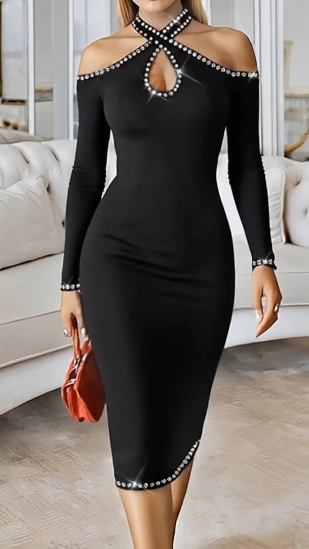 Crystal-Trim Halter Cold-Shoulder Midi Dress