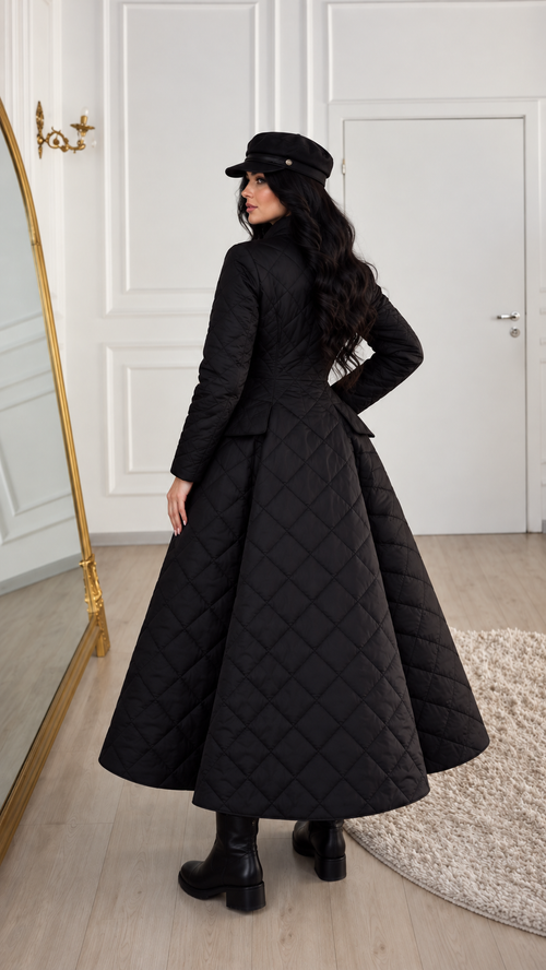 Black Diamond-Quilted Fit-and-Flare Long Coat