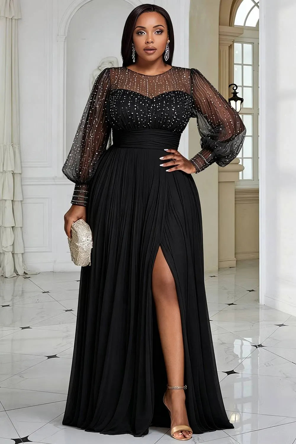 Formal  Round Neck Long Sleeve Split Elegant See Through Sequin Chiffon Maxi Dresses