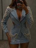 Pearl Embellished Denim Blazer & Mini Skirt Two‑Piece Suit