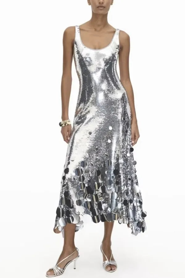 Party Tips Sequin Irregular Round Tassels Hem Back Cutout Tank Maxi Dress