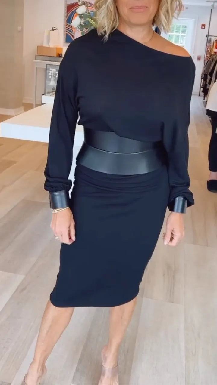Off Shoulder Midi Dress With Faux Leather Belt