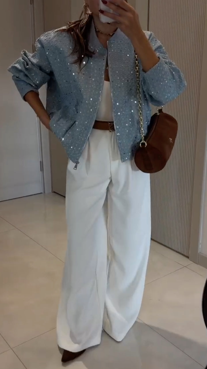 Sequin Denim Zip-Up Jacket