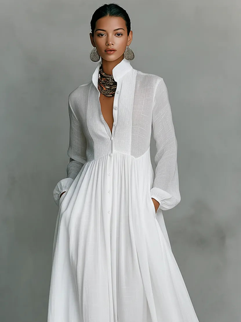 Women's Minimalist Cotton And Linen Patchwork Single-breasted Stand-up Collar Long-sleeved Maxi Dress MDA0658K6Y